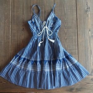 Zury Dress Blue Smocked Boho Aztec Embroidered Cottage Prairie Lace Up Mini OS
